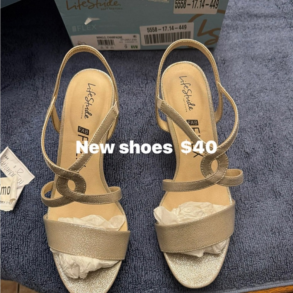 Life Stride Gold Metallic Open-Toe Slingback Heels with Loop Straps